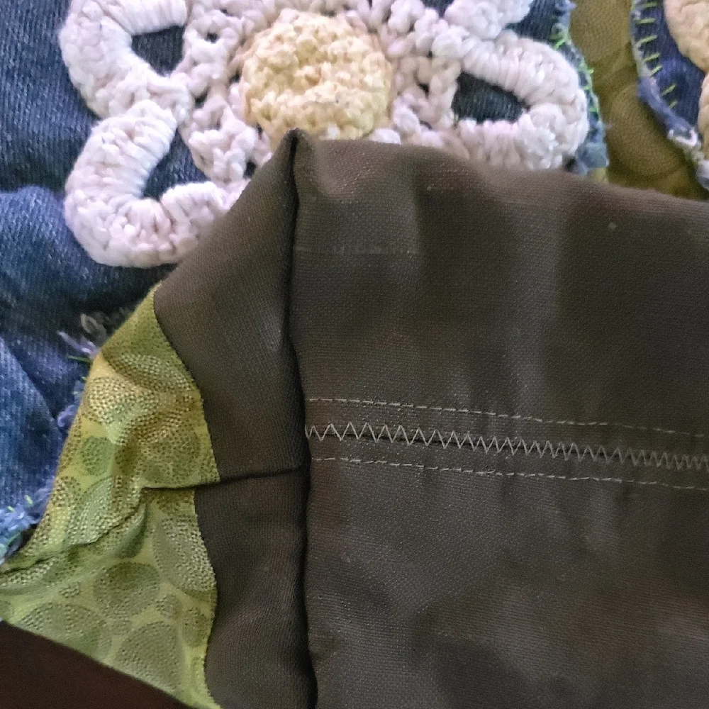 HAND CRAFTED Possible Bag UPCYCLED Blue Denim Jean Crochet Floral 29 X17 Inch - Picture 3 of 15
